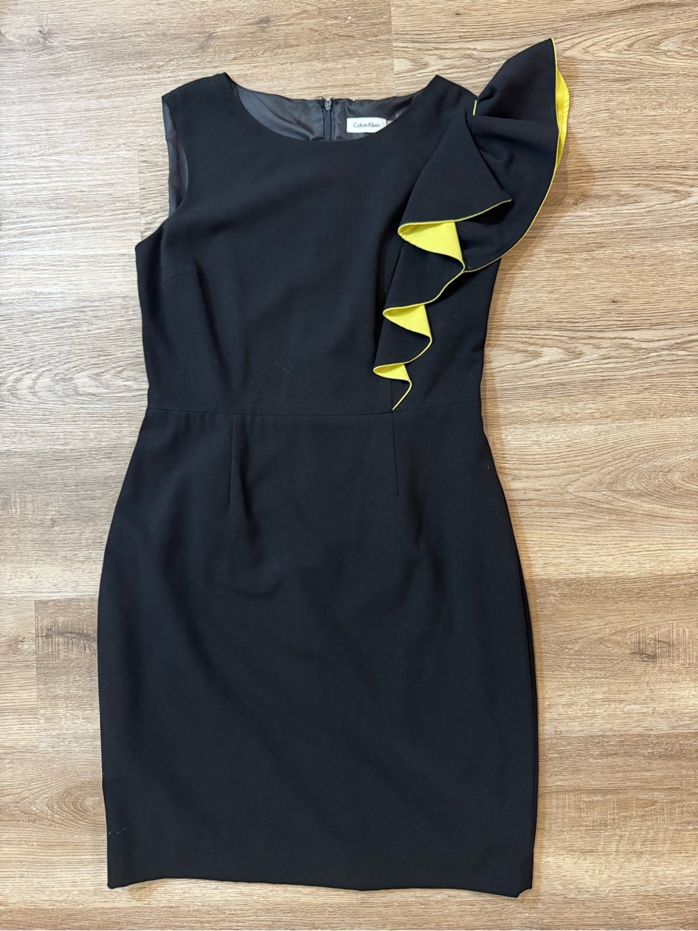 Calvin Klein | Black Ruffle Sheath Dress with Yellow Accents | Size 10